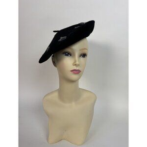 Neiman Marcus Black Wool Beret With Crown & Fleur-De-Lis Pins Made In UK
